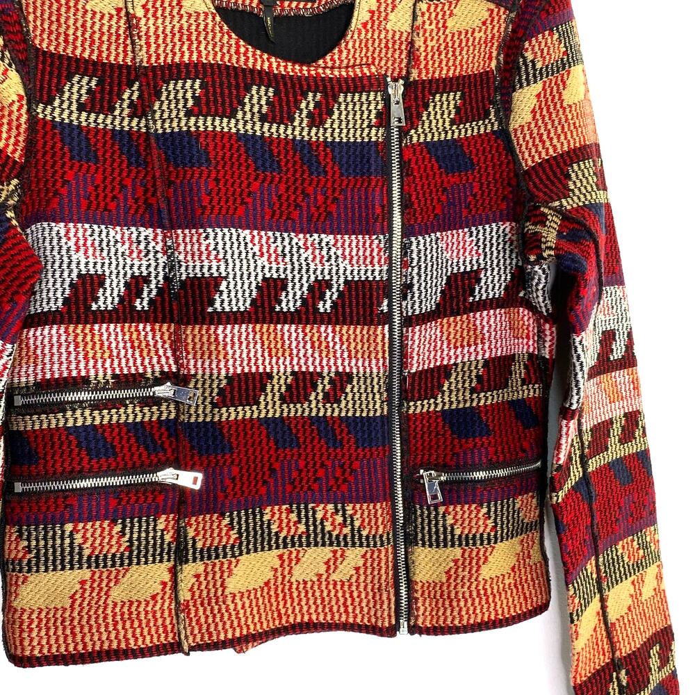 Maje Aztec Moto Jacquard Jacket Asymmetric Zip Front Sz 38 Medium Quiet Luxury - Picture 8 of 12